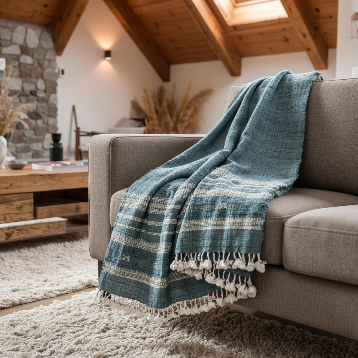 Vibrant Teal Indian Wool Throw Blanket, Handwoven Sofa Coverlet with Boho Reading Accent - NEELAM