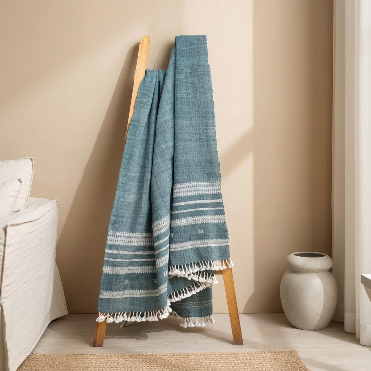 Vibrant Teal Indian Wool Throw Blanket, Handwoven Sofa Coverlet with Boho Reading Accent - NEELAM