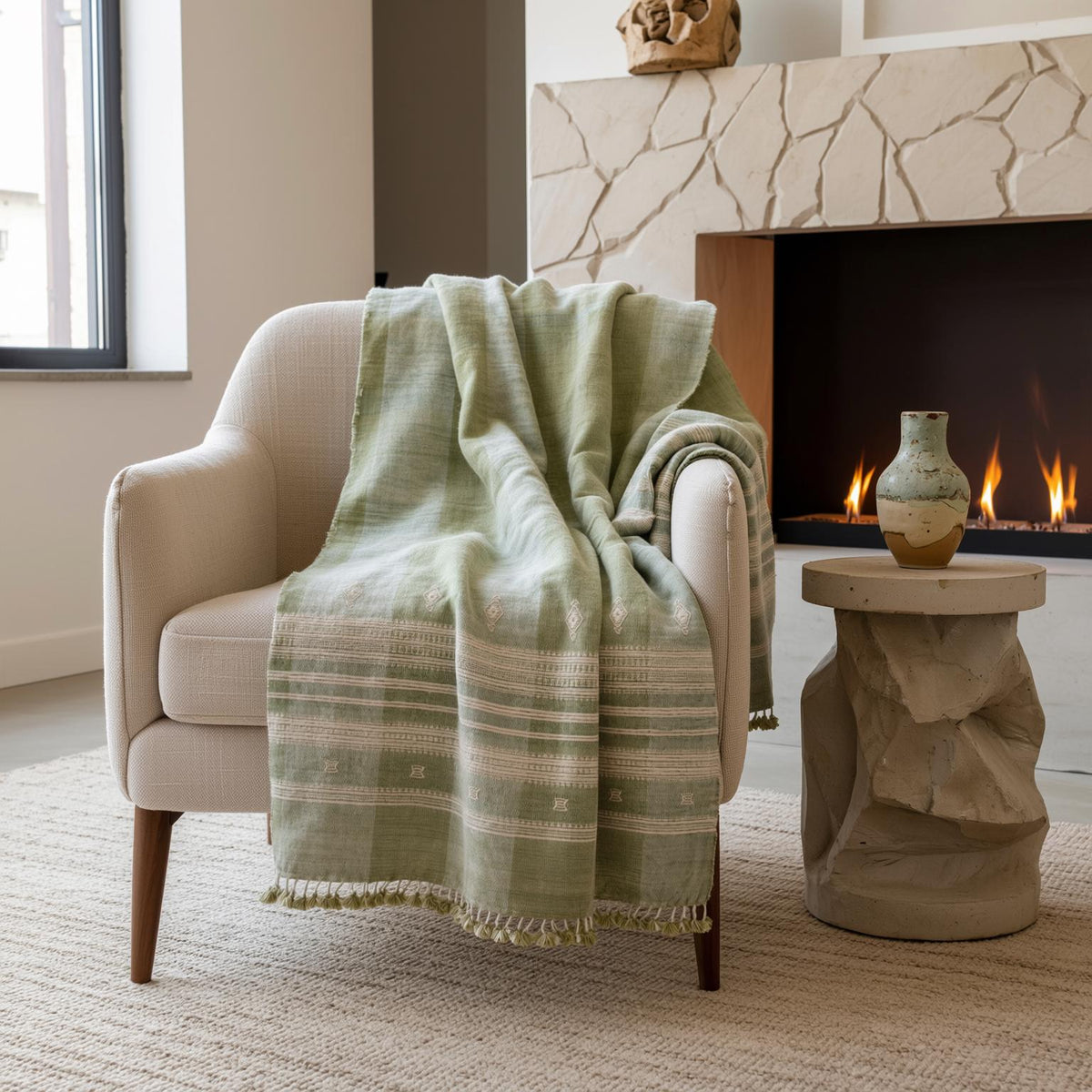 Soft Green Indian Wool Throw Blanket, Handwoven Sofa Coverlet with Quiet Calm Bedroom Layer - SAGE