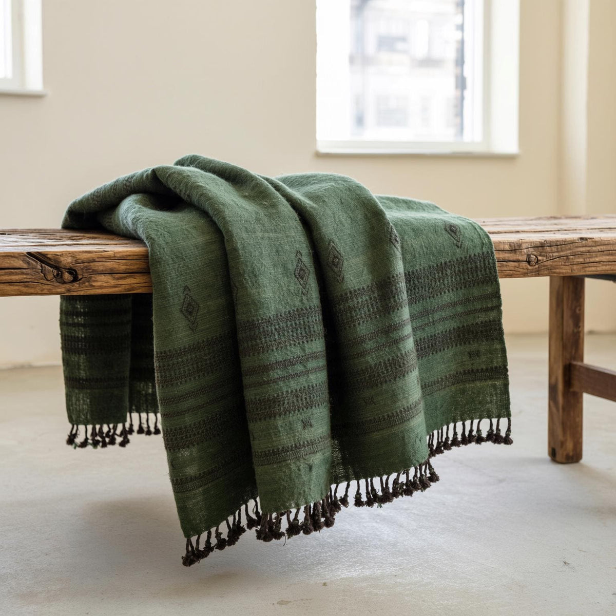 Deep Green Indian Wool Throw Blanket, Handwoven Sofa Coverlet with Cozy Reading Nook Accent - BASIL
