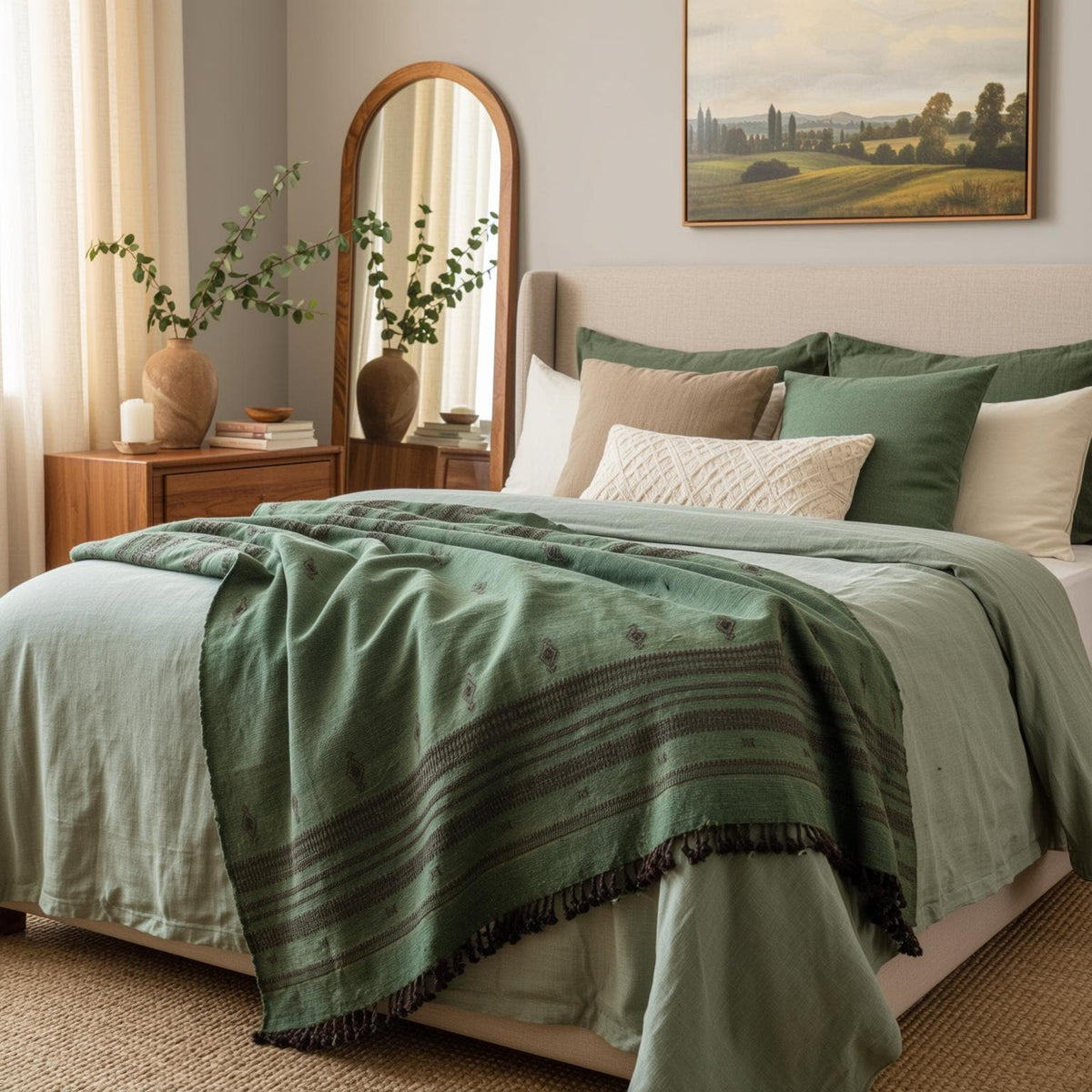 Deep Green Indian Wool Throw Blanket, Handwoven Sofa Coverlet with Cozy Reading Nook Accent - BASIL