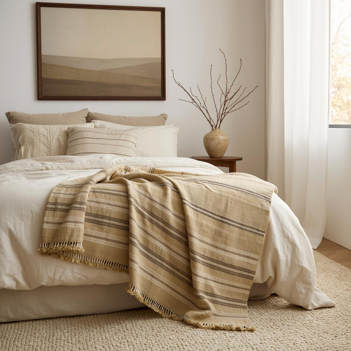 Beige Tan Indian Wool Throw Blanket, Handwoven Sofa Coverlet with Calm Neutral Bed Layer - OPAL