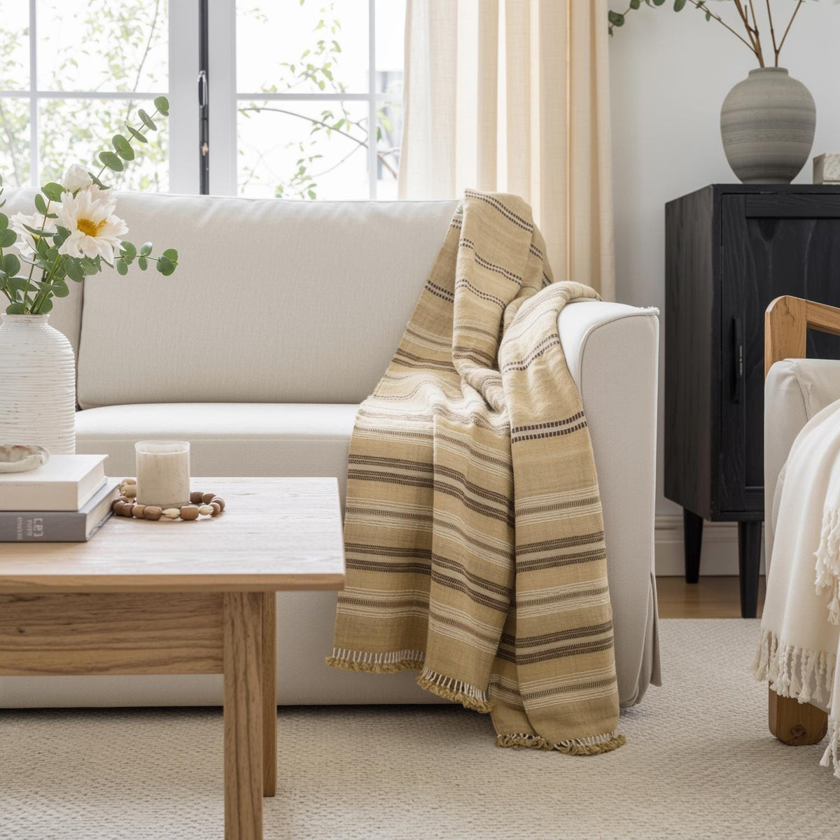 Beige Tan Indian Wool Throw Blanket, Handwoven Sofa Coverlet with Calm Neutral Bed Layer - OPAL