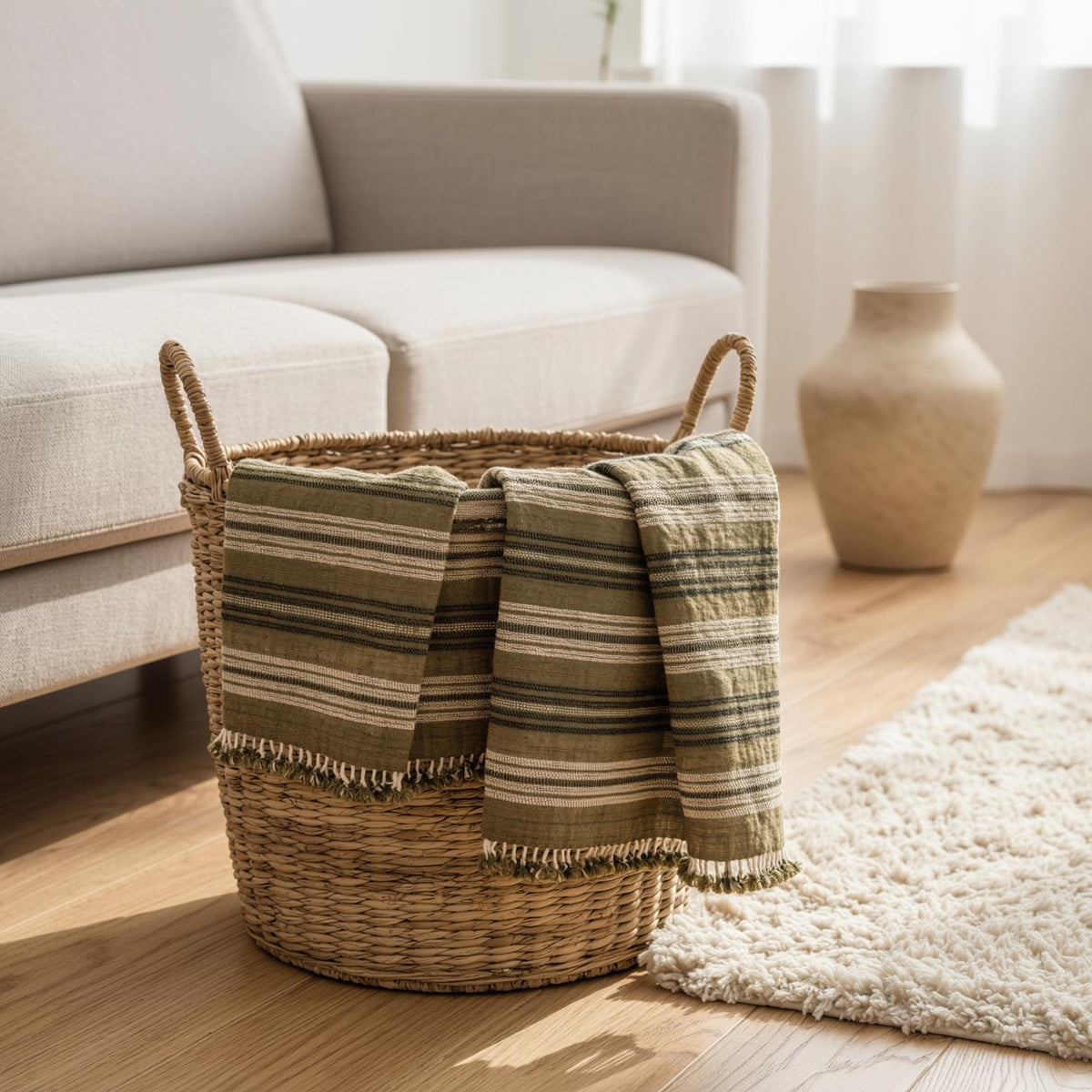 Olive Striped Indian Wool Throw Blanket, Handwoven Couch Coverlet with Earthy Bed Accent - MOSS