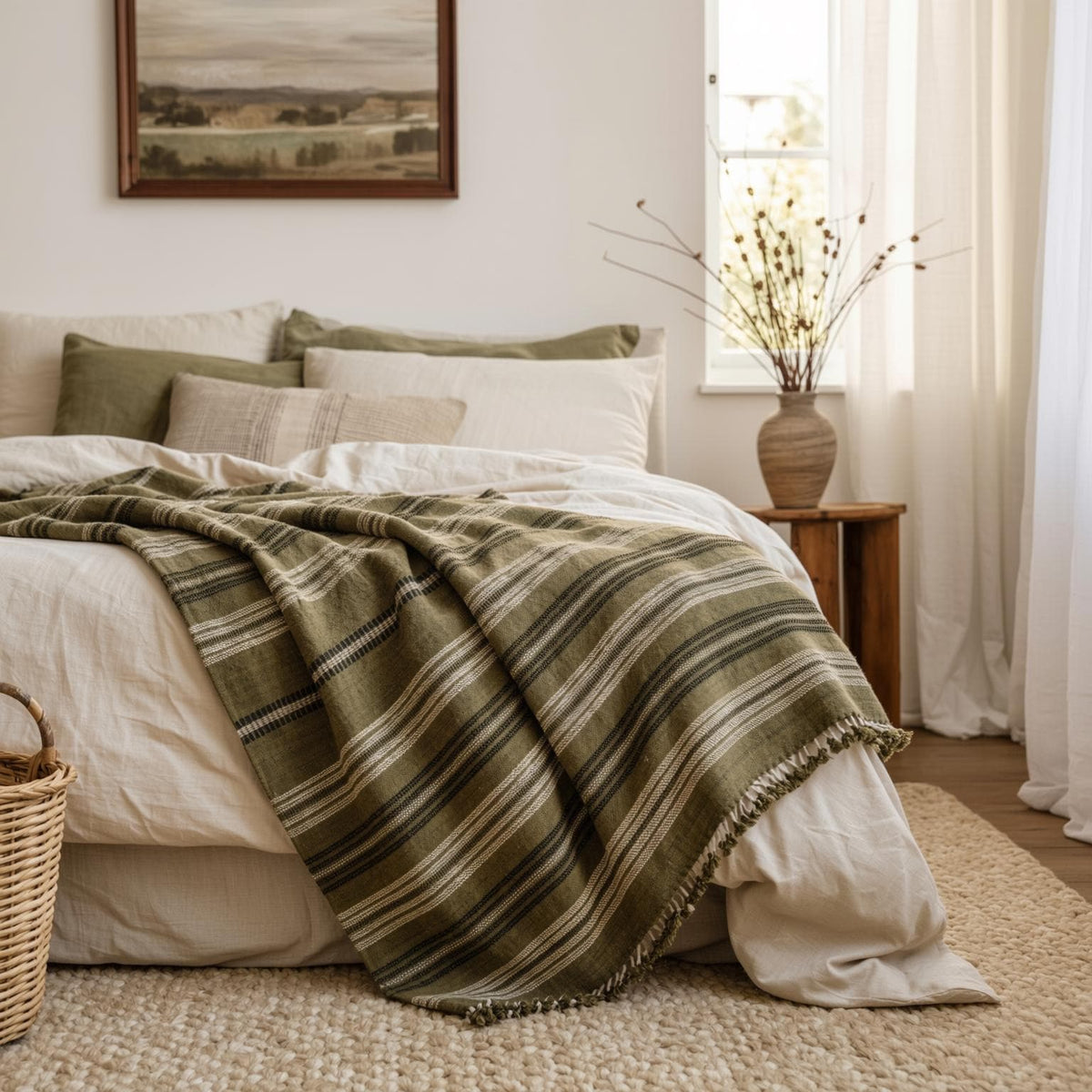 Olive Striped Indian Wool Throw Blanket, Handwoven Couch Coverlet with Earthy Bed Accent - MOSS