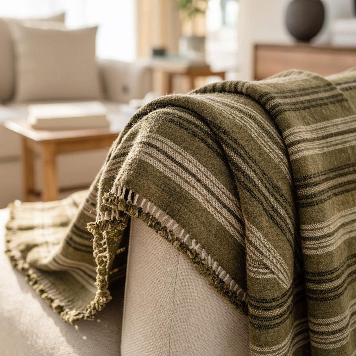 Olive Striped Indian Wool Throw Blanket, Handwoven Couch Coverlet with Earthy Bed Accent - MOSS