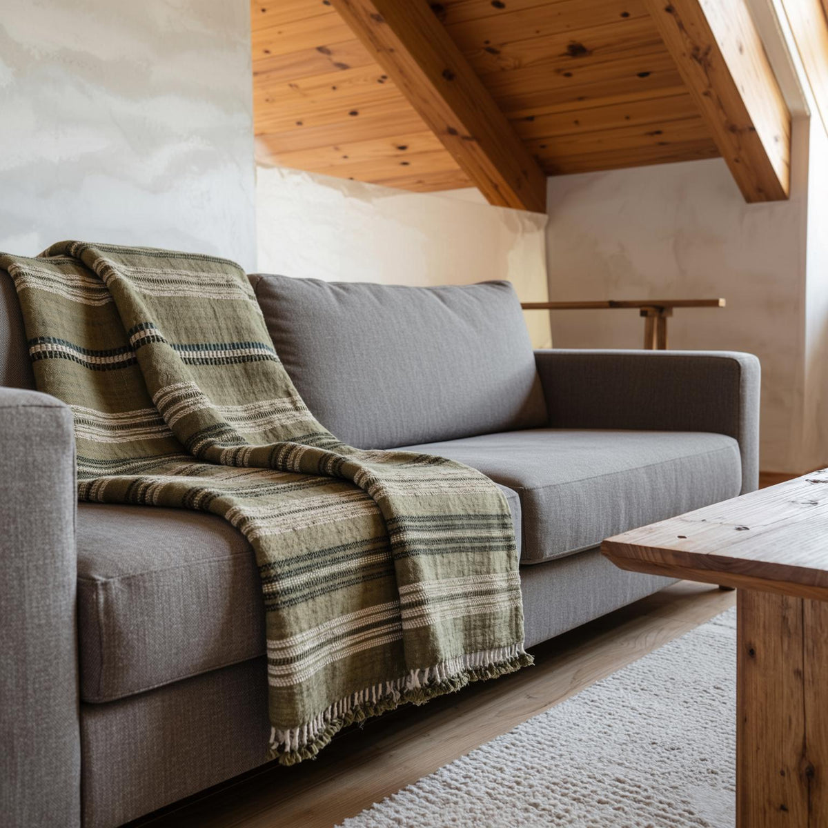 Olive Striped Indian Wool Throw Blanket, Handwoven Couch Coverlet with Earthy Bed Accent - MOSS