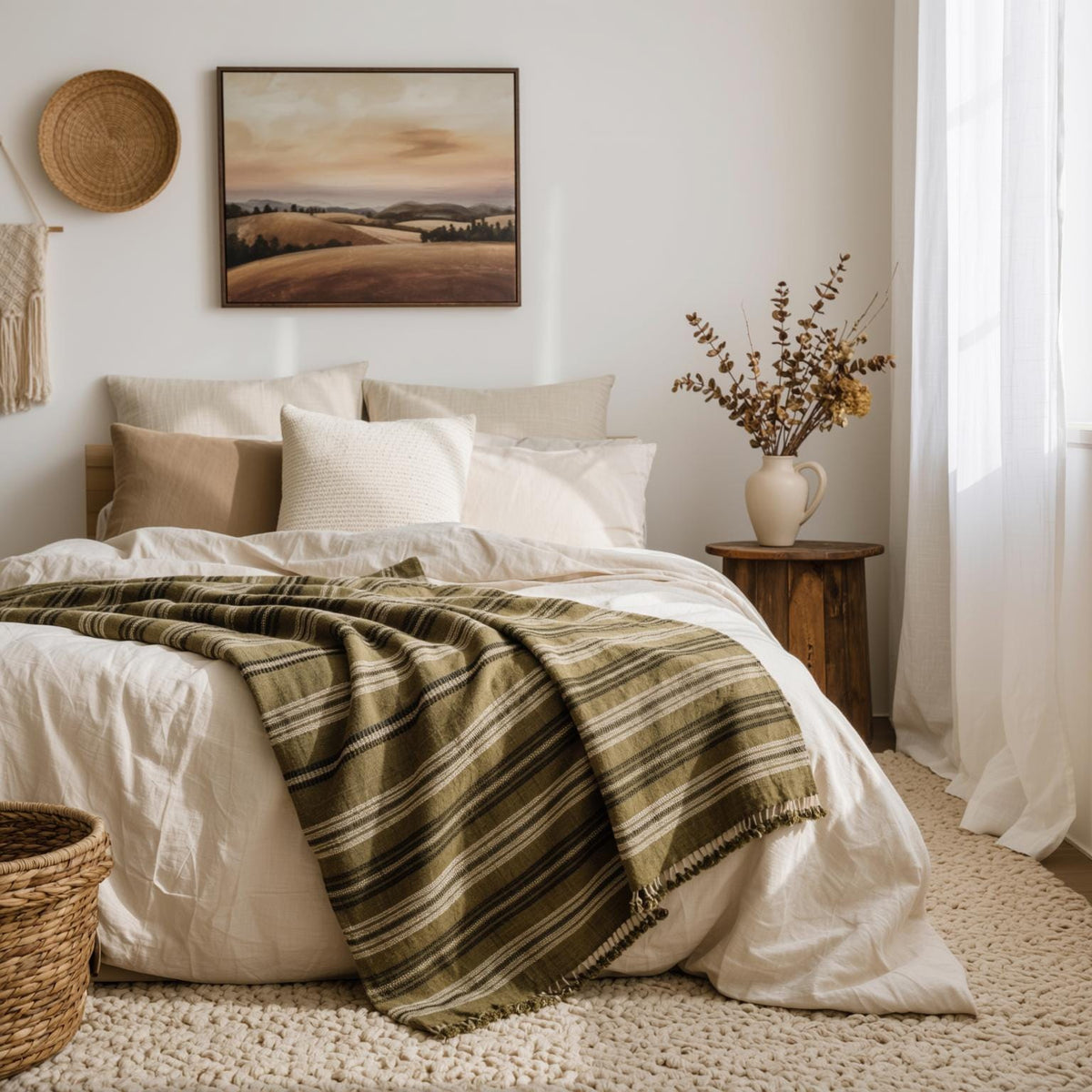 Olive Striped Indian Wool Throw Blanket, Handwoven Couch Coverlet with Earthy Bed Accent - MOSS
