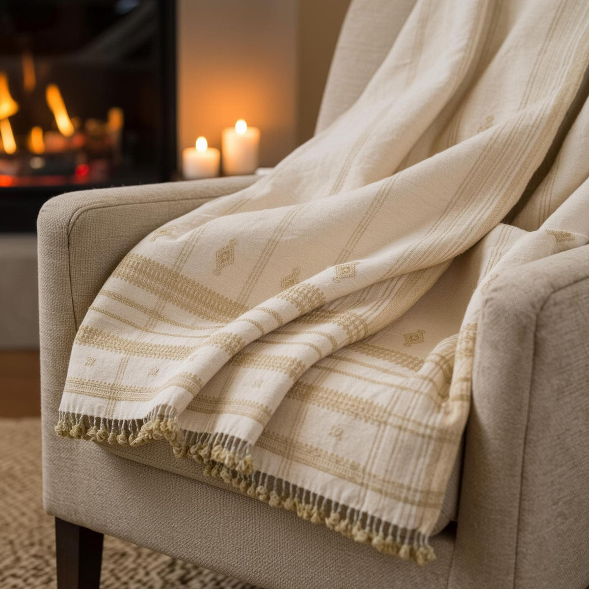 Off White Indian Wool Throw Blanket, Handwoven Couch Coverlet with Neutral Bedroom Layer - HEERA