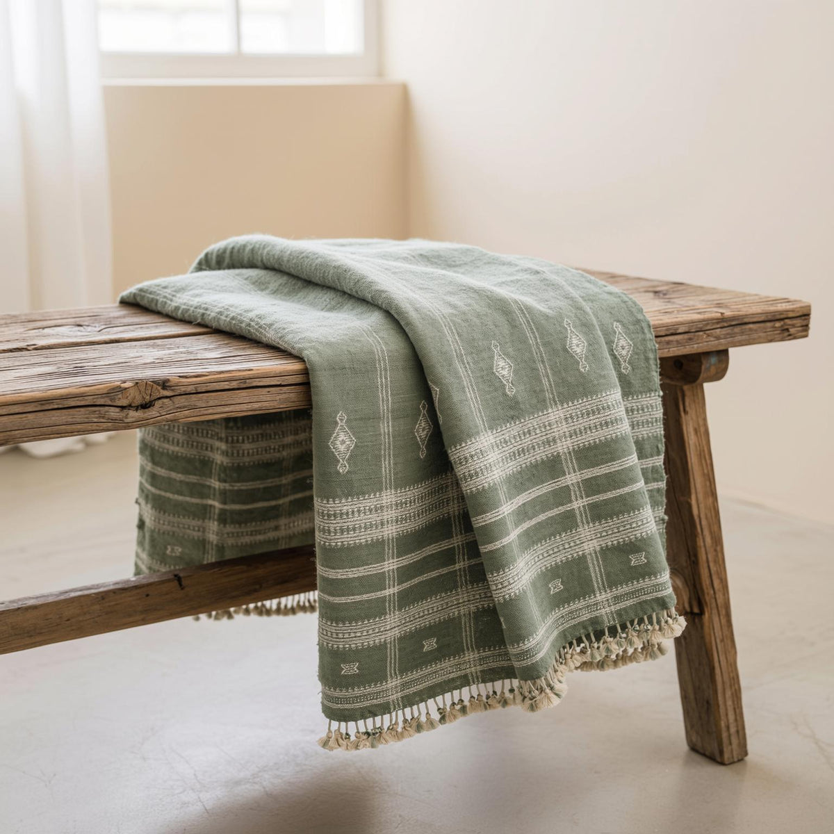 Soft Green Indian Wool Throw Blanket, Handwoven Couch Coverlet with Minimalist Bed Accent - EMRALD