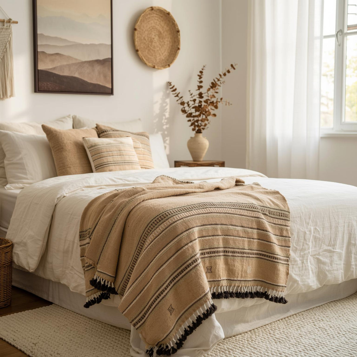 Orange Tan Indian Wool Throw Blanket, Handwoven Couch Coverlet with Heritage Bed Accent - PRAVALA