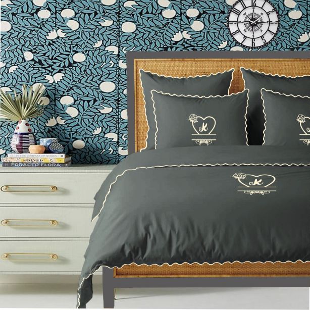 Parure de couette Monogram gris foncé, 400 fils, coton avec broderie à petites feston