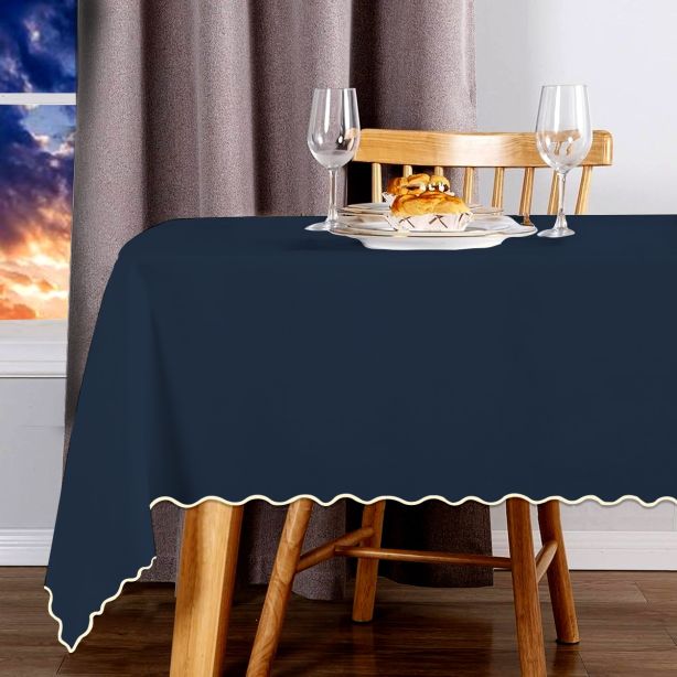 Tovaglia in cotone satinato tinta unita con ricamo a smerlo - Blu navy