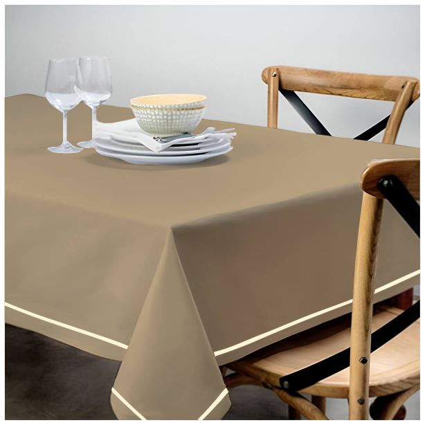 Nappe unie en satin de coton avec bordure brodée simple - Taupe