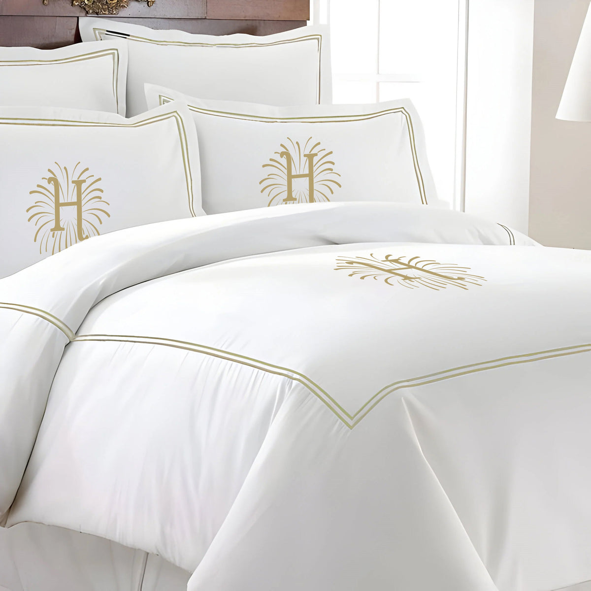 Monogram 400TC Cotton Double Embroidery Sateen Solid Duvet Cover Set