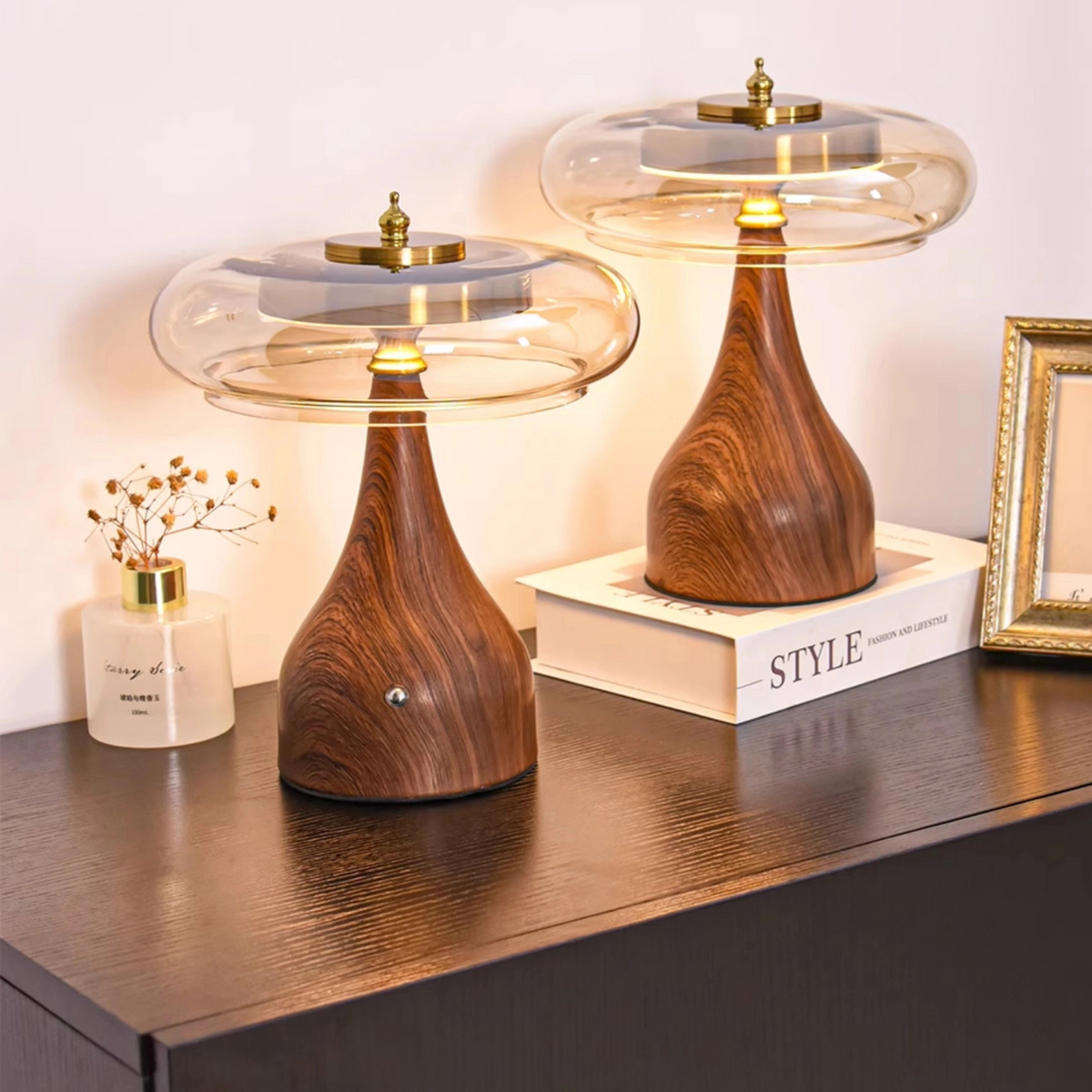 Modern Wooden & Glass Table Lamp | Minimalist Mushroom Desk Light