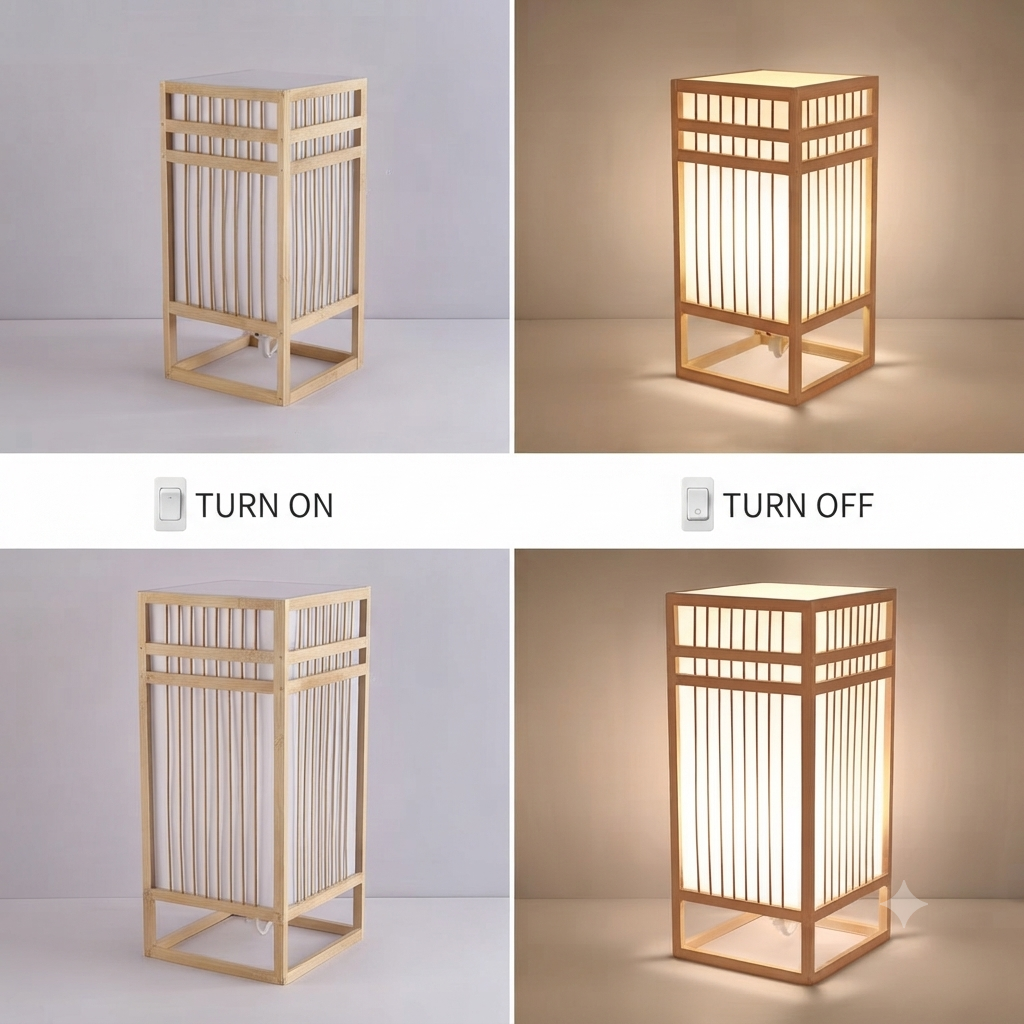Japanese Shoji Wood & Fabric Table Lamp | Minimalist Grid Desk Light