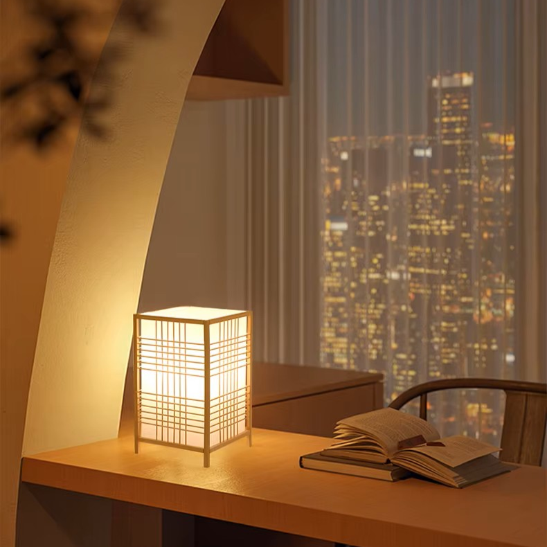 Japanese Shoji Wood & Fabric Table Lamp | Minimalist Grid Desk Light