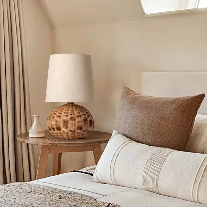 Natural Rattan and Fabric Table Light | Modern Coastal Desk Lamp