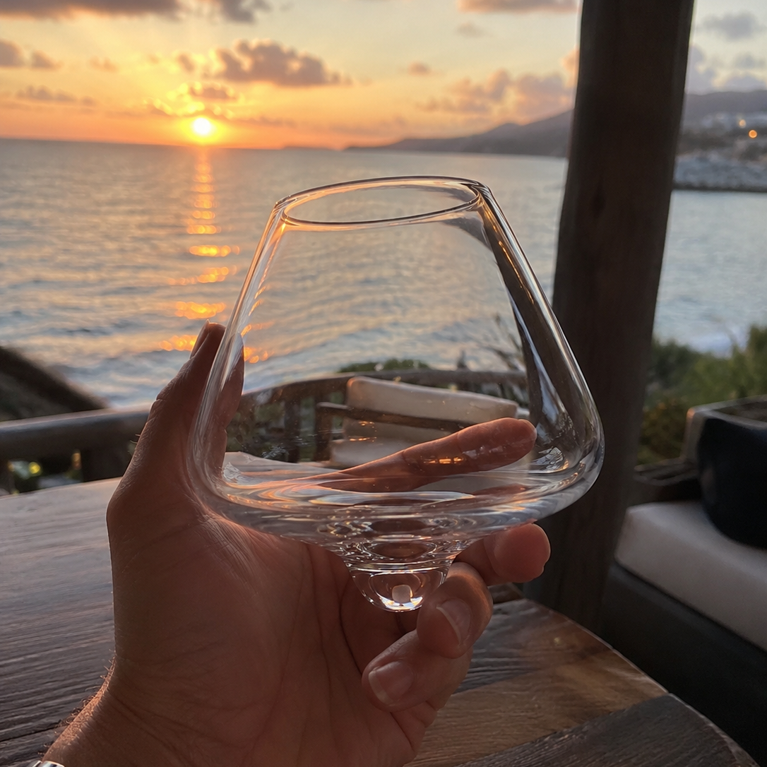Verre à vin rotatif en cristal et sous-verre en bois Kami