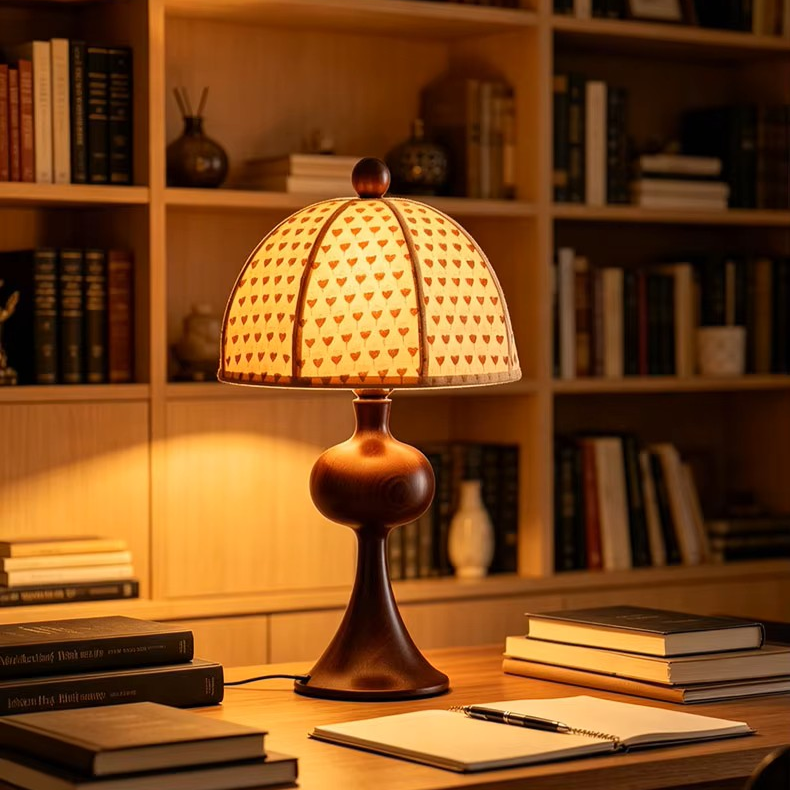 Classic Printed Fabric Shade Bedside Lamp with Carved Wooden Base