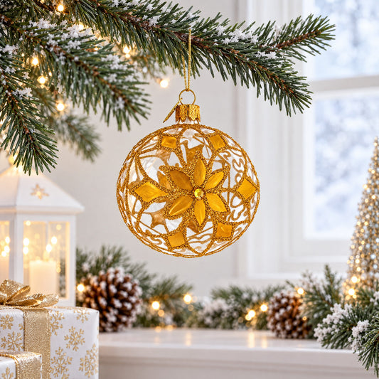 Boule de Noël en verre transparent avec fleur en filigrane blanc ornée de bijoux