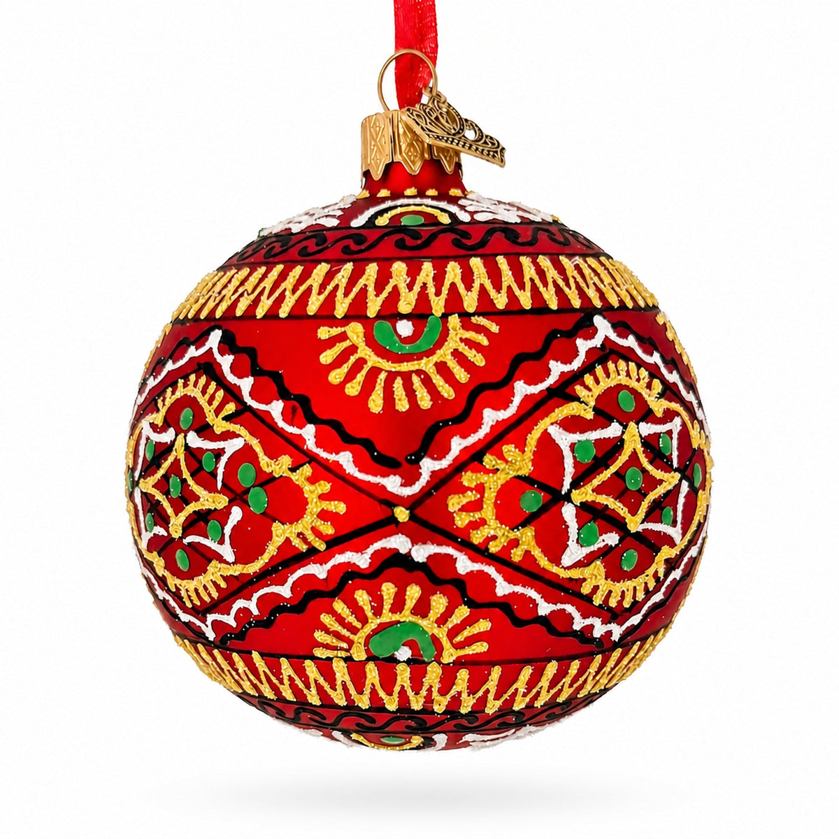 Red Geometric Ukrainian Egg Glass Christmas Ornament 3.15 Inches