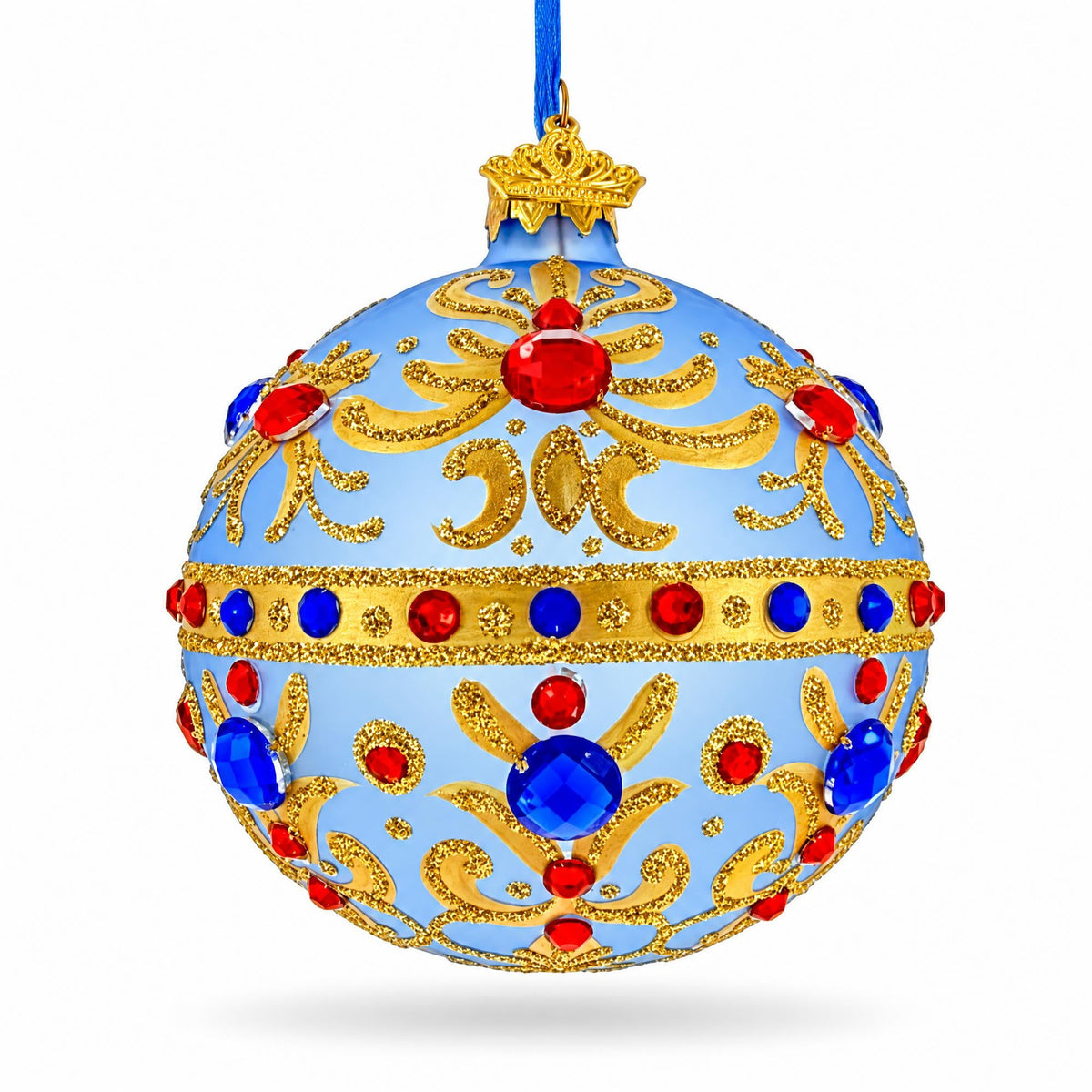 Royal Blue Scrollwork Jewel Tone Glass Ball Christmas Ornament