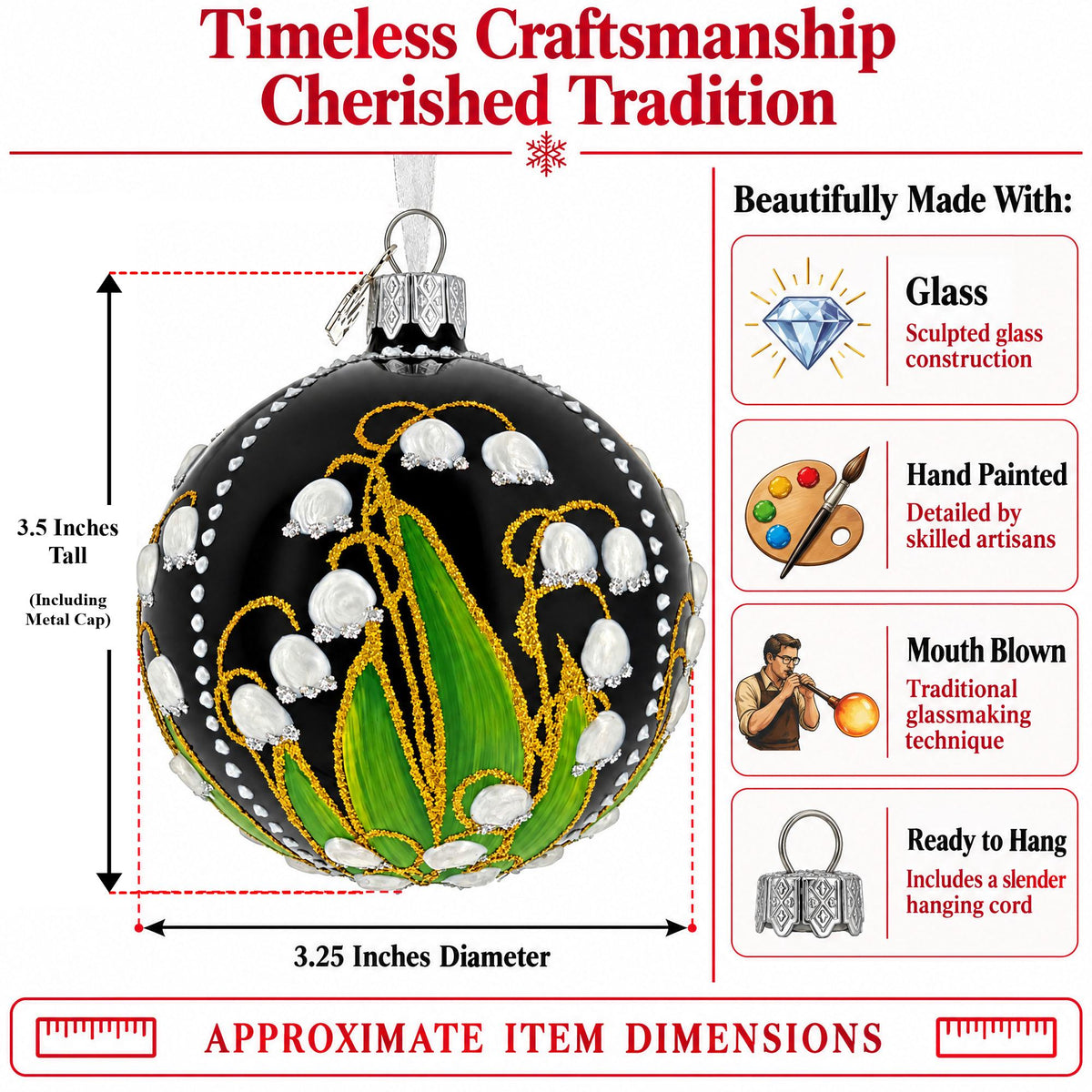 Lily of the Valley on Black Glass Ball Christmas Ornament