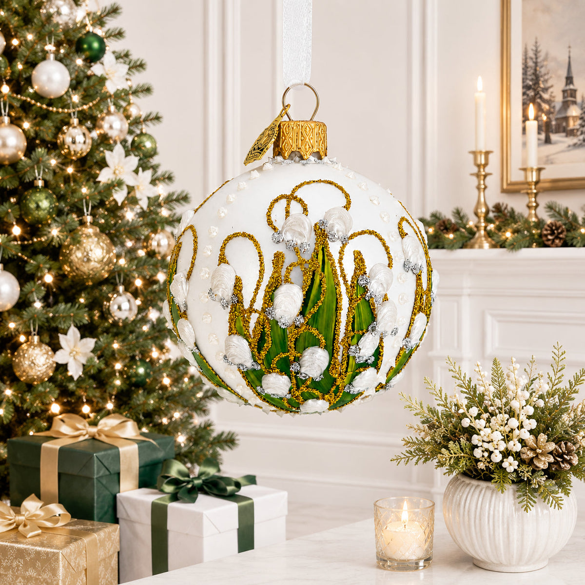 Lily of the Valley on Silver Glass Ball Christmas Ornament
