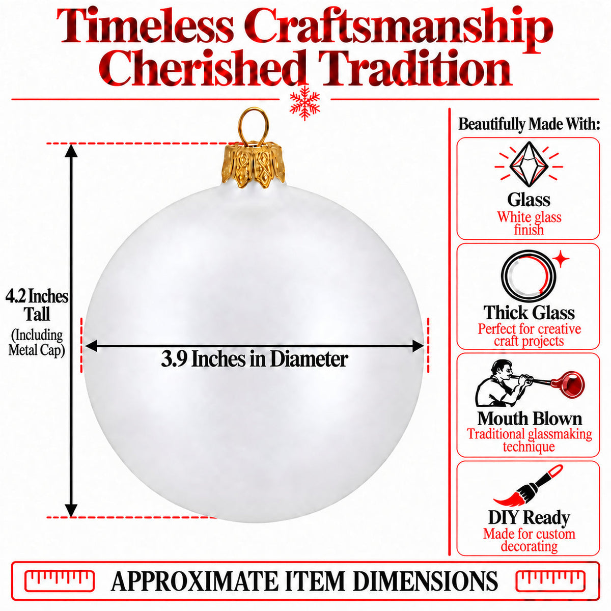 Set of 4 Thick White Glass Ball Christmas Ornaments 4 Inches (025)