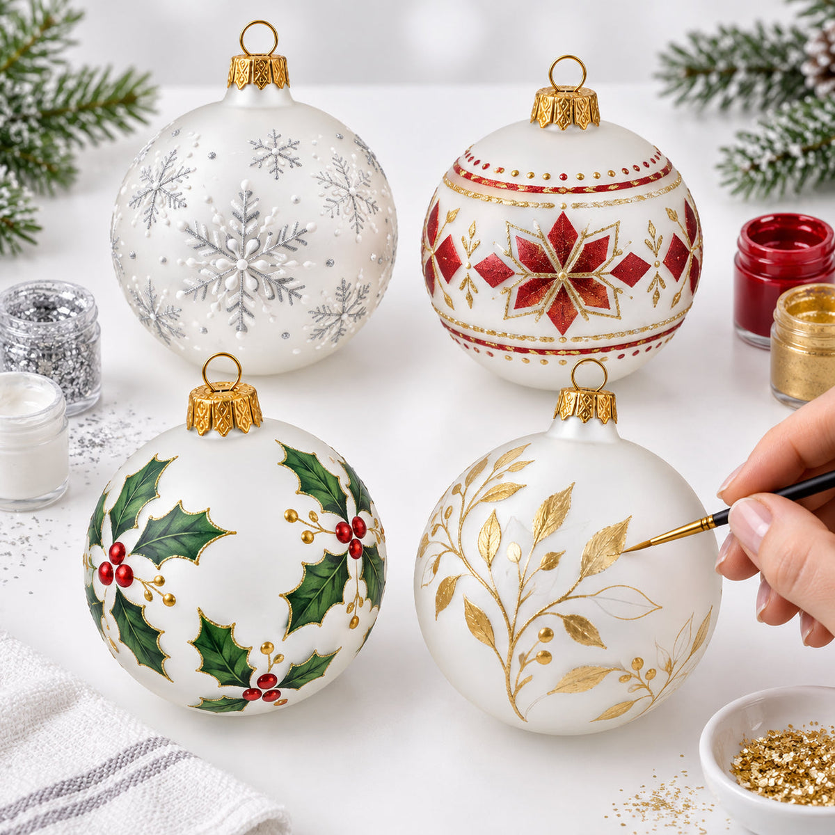 Set of 4 Thick White Glass Ball Christmas Ornaments 4 Inches (025)