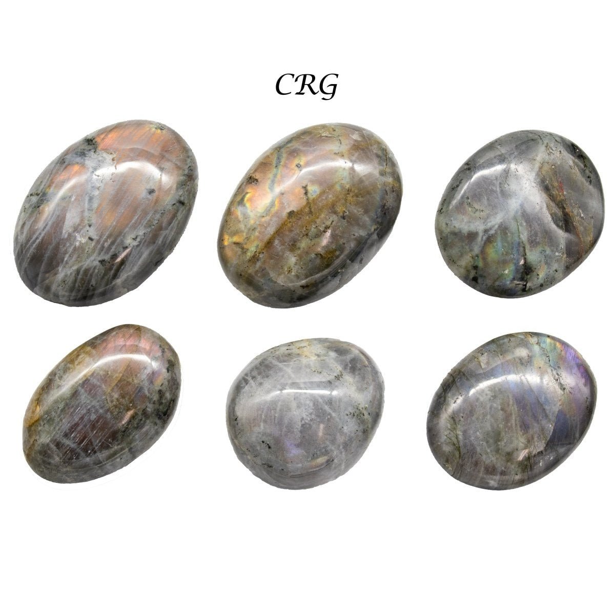 Pietre piatte (palm stones) burattate in labradorite con riflessi lavanda, dimensioni da 35 a 65 mm