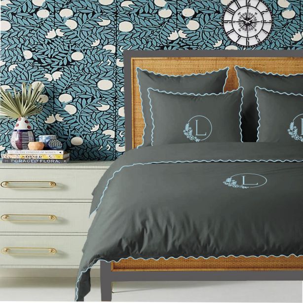 Parure de couette Monogram gris foncé, 400 fils, coton avec broderie à petites feston