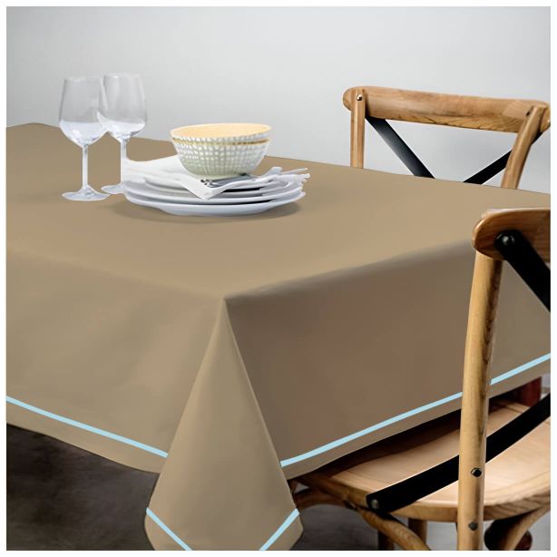 Nappe unie en satin de coton avec bordure brodée simple - Taupe