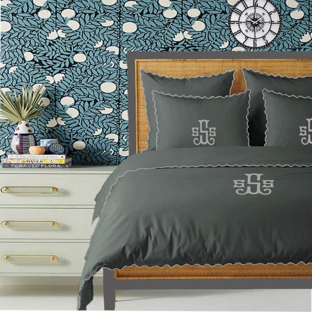 Parure de couette Monogram gris foncé, 400 fils, coton avec broderie à petites feston