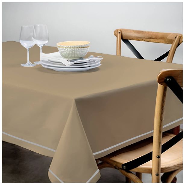 Nappe unie en satin de coton avec bordure brodée simple - Taupe