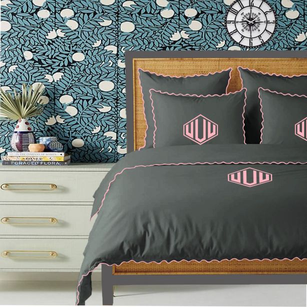 Parure de couette Monogram gris foncé, 400 fils, coton avec broderie à petites feston