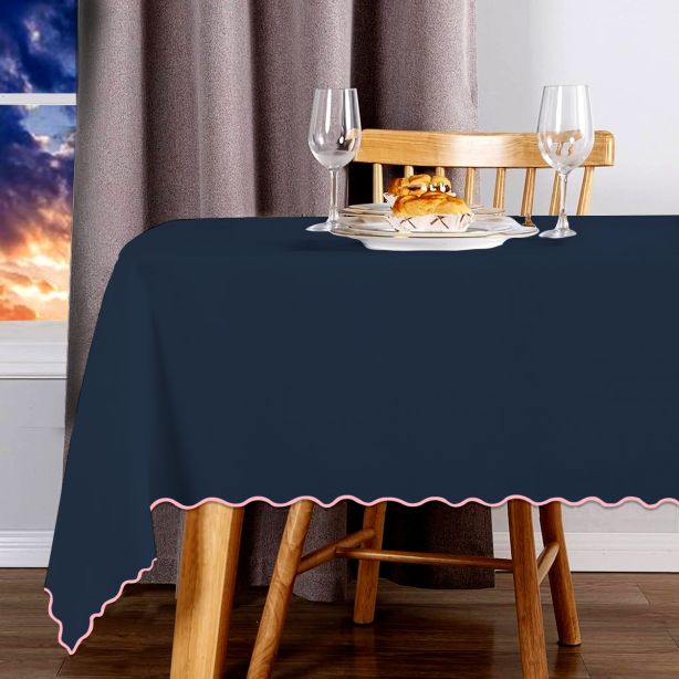 Tovaglia in cotone satinato tinta unita con ricamo a smerlo - Blu navy