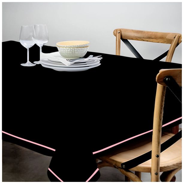 Nappe unie en satin de coton avec bordure brodée simple - Noir