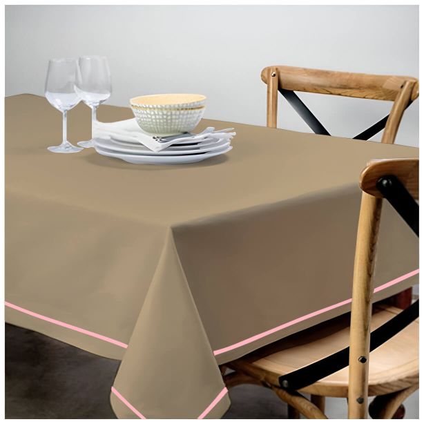 Nappe unie en satin de coton avec bordure brodée simple - Taupe