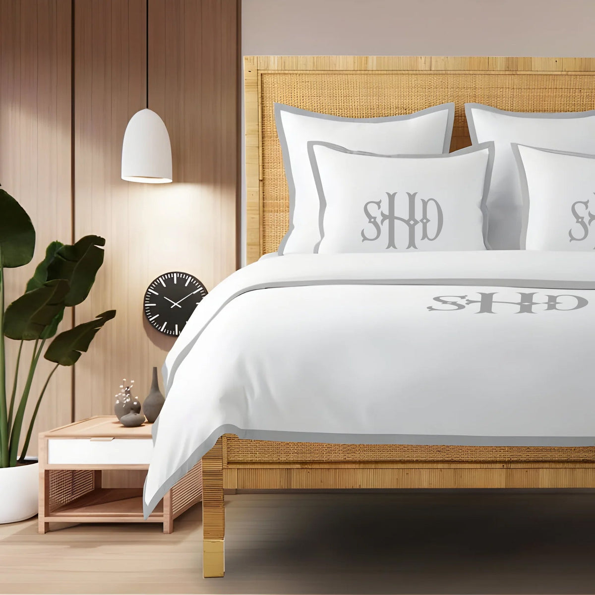 Parure de lit avec housse de couette à cadre bordé, en satin de coton 400 fils au pouce carré avec monogramme