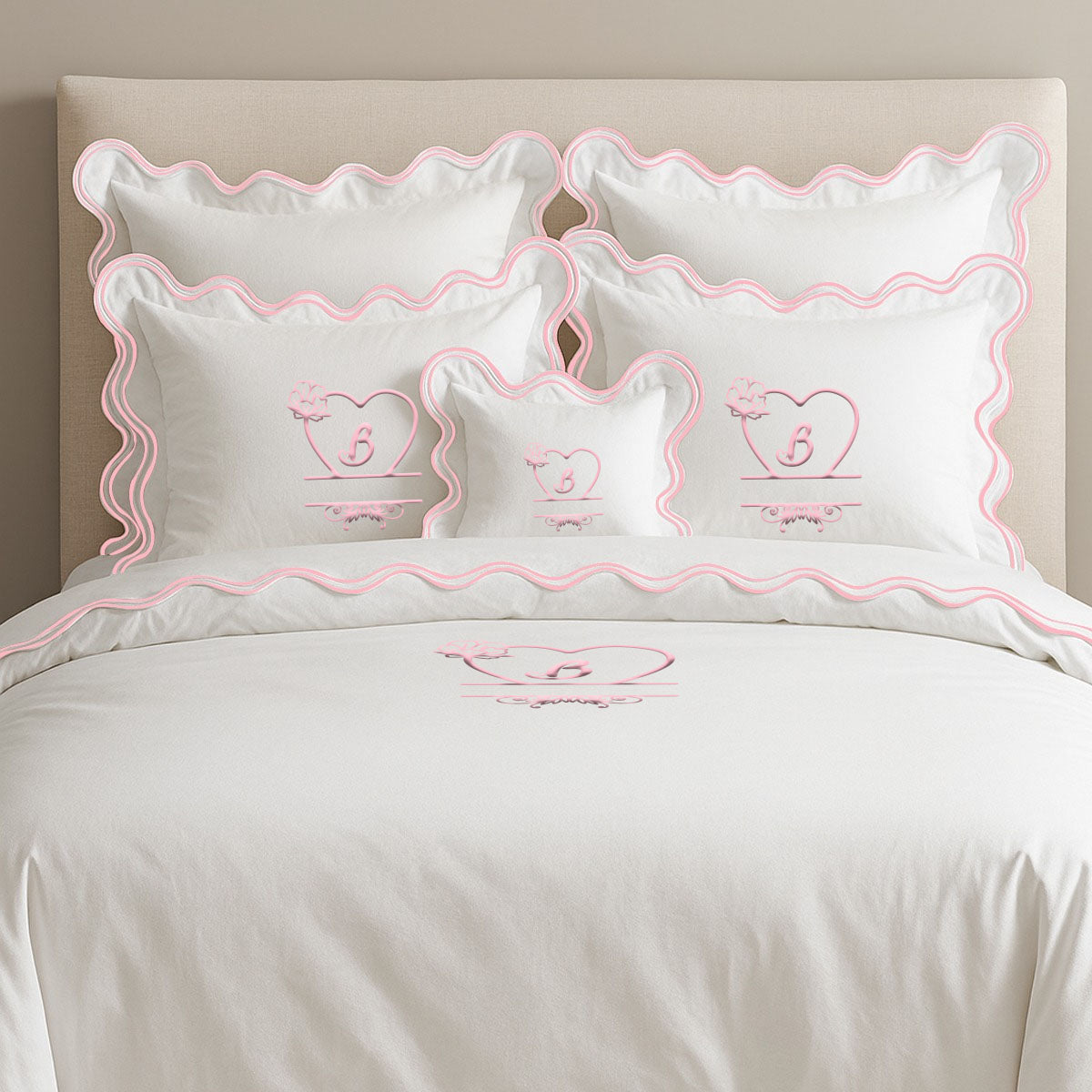 Housse de couette luxueuse en coton à monogramme et double feston