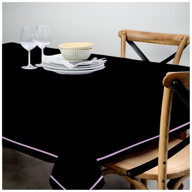 Nappe unie en satin de coton avec bordure brodée simple - Noir