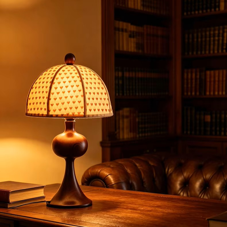 Classic Printed Fabric Shade Bedside Lamp with Carved Wooden Base