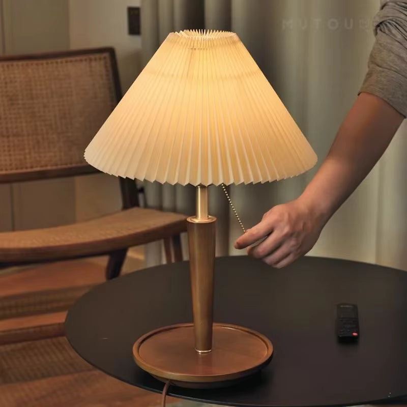 Pleated Fabric Shade & Wood Table Lamp | Vintage Brass Desk Light