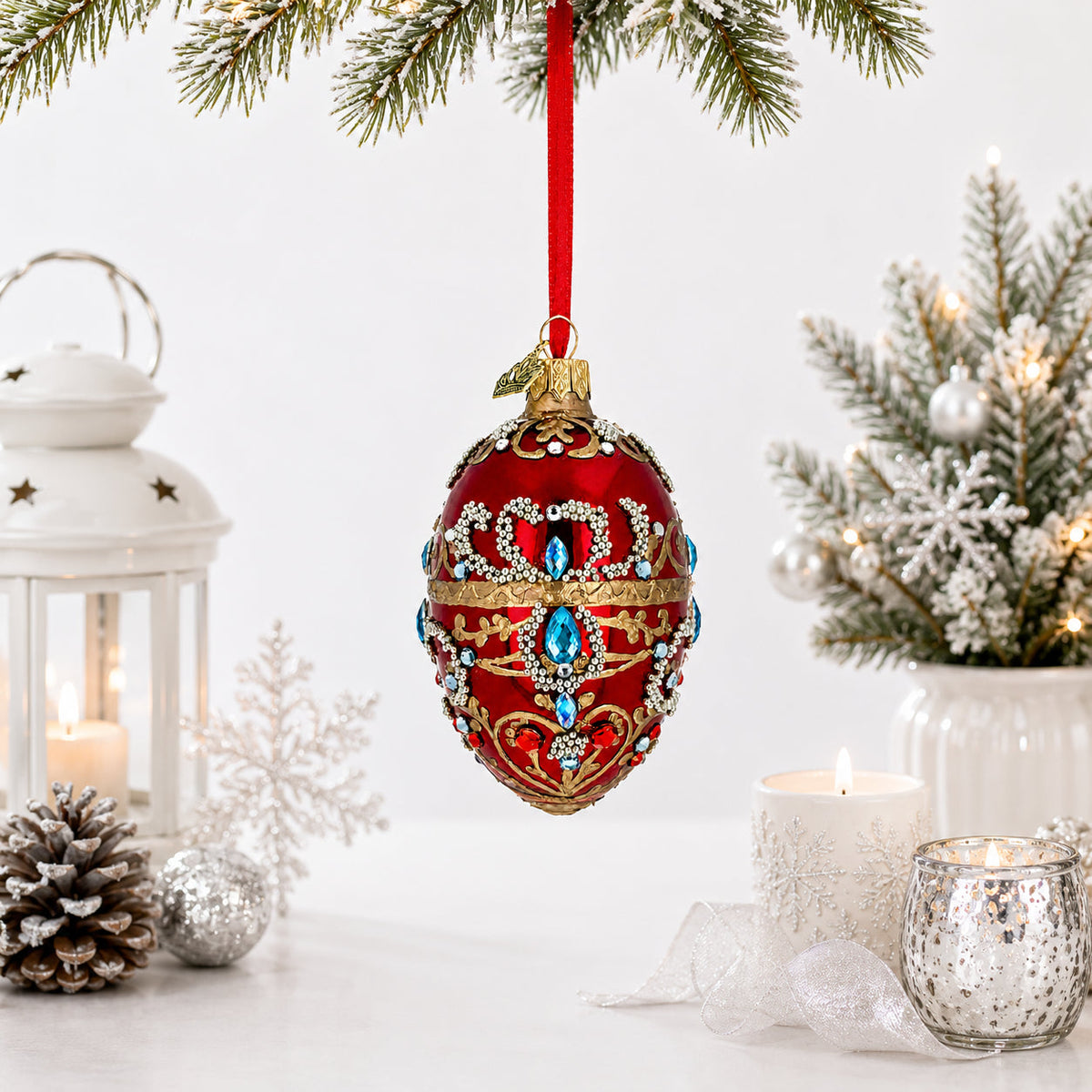 Red Jeweled Glitter Scrollwork Glass Egg Christmas Ornament