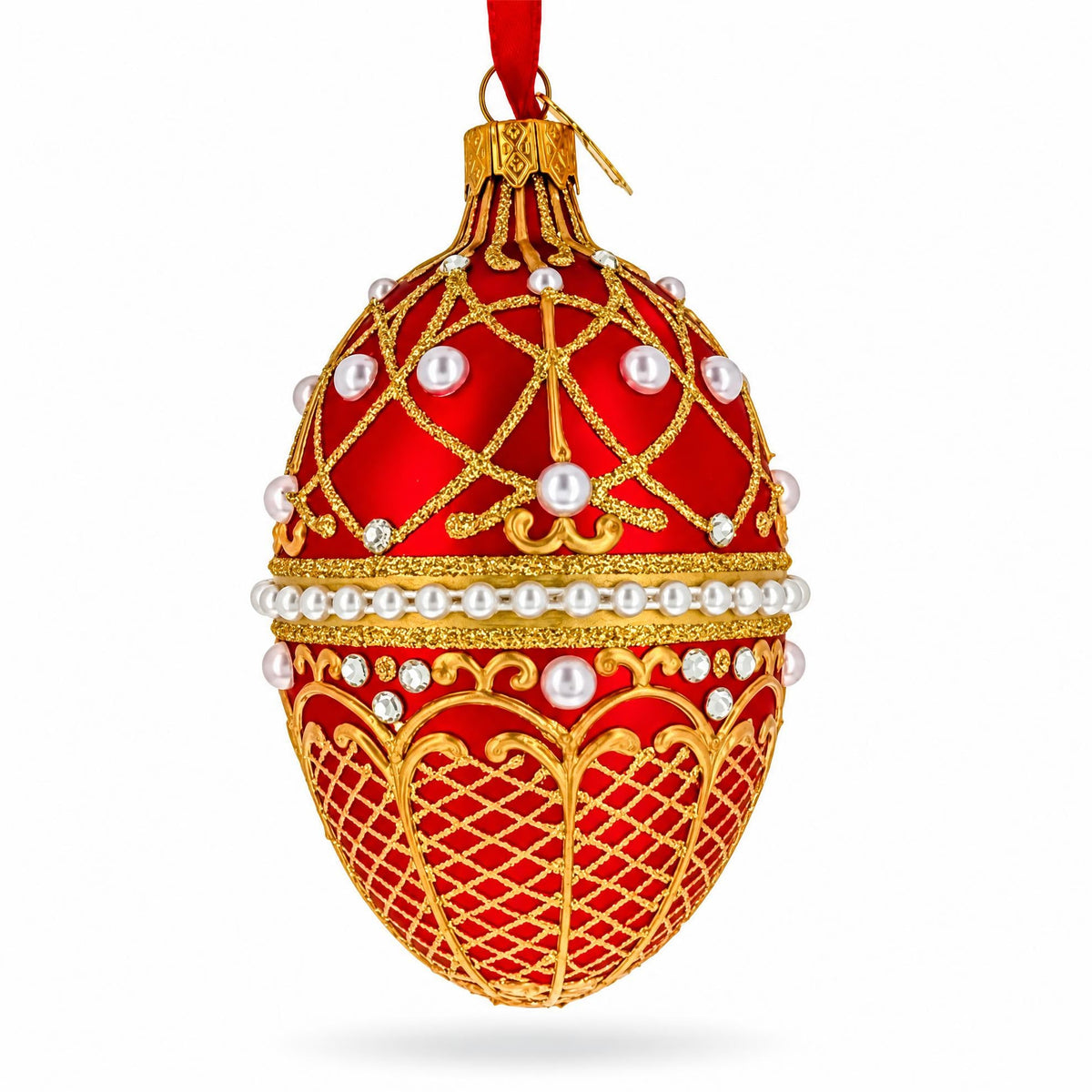 Red Jeweled Glitter Lattice Glass Egg Christmas Ornament