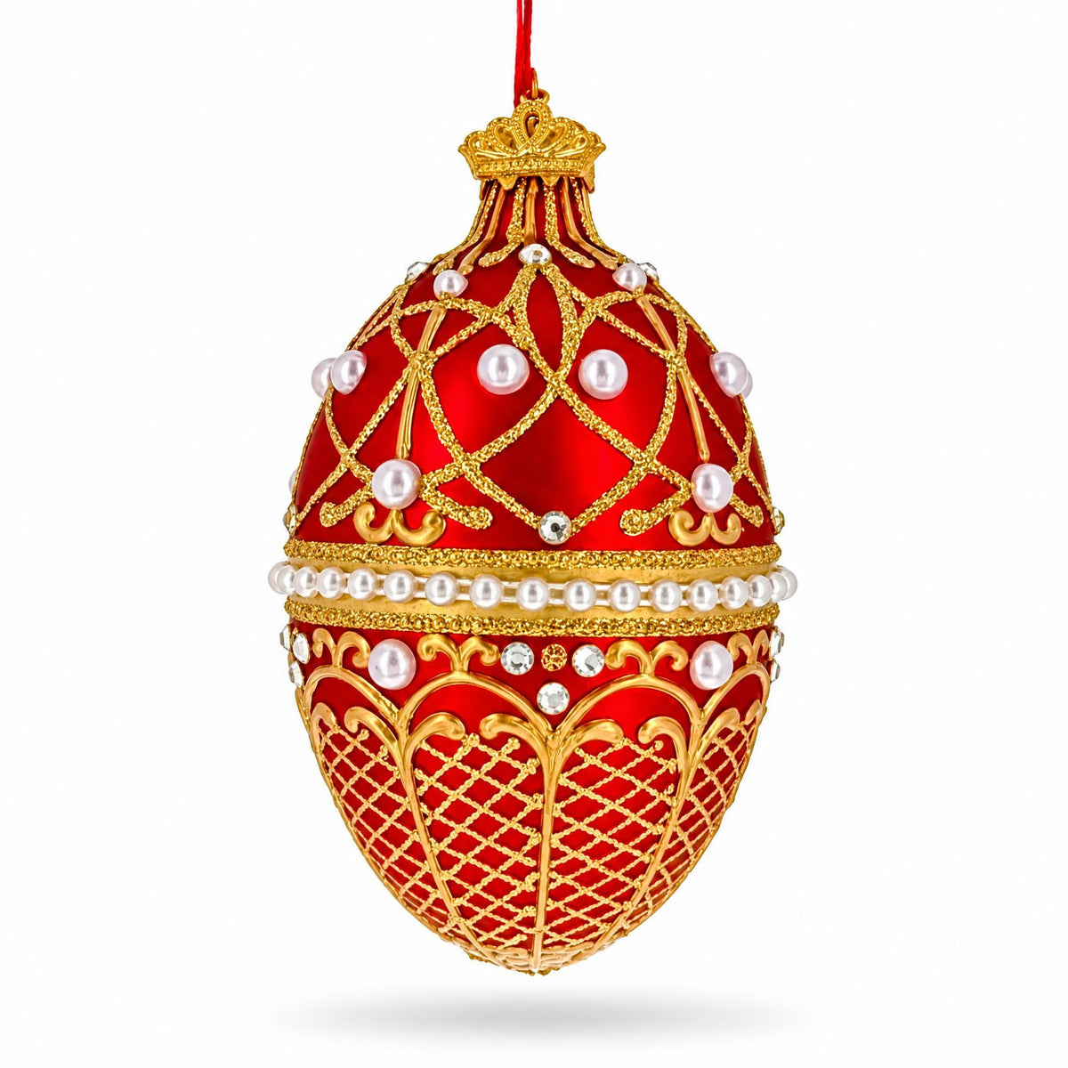 Red Jeweled Glitter Lattice Glass Egg Christmas Ornament