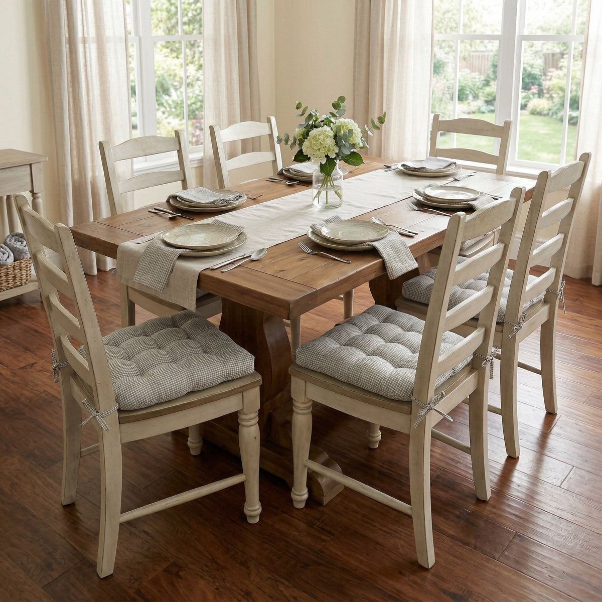 Madrid Grey Gingham Dining Chair Pads - Made in USA - 100% Cotton - Machine Washable